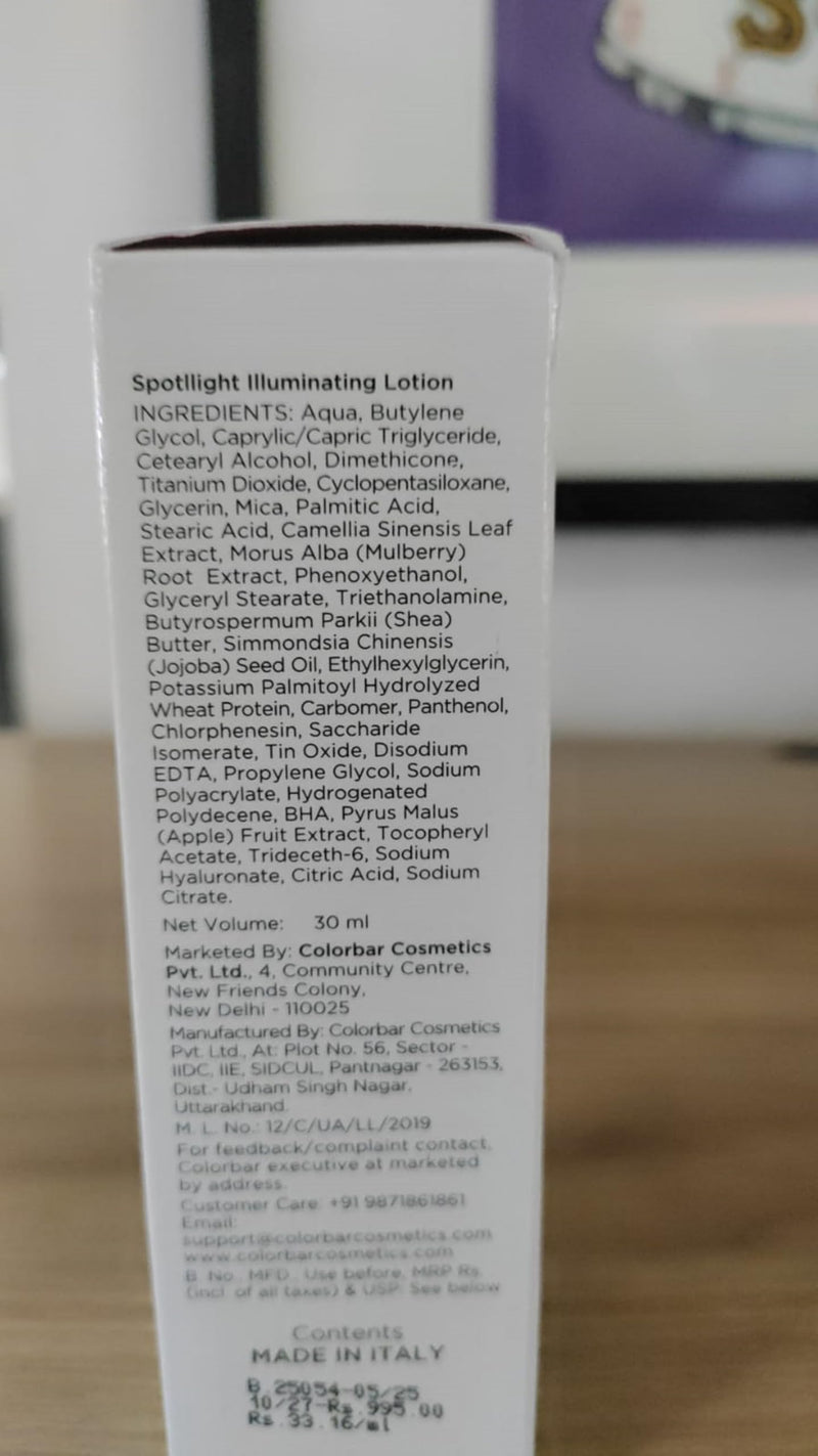 Colorbar Spotlight Illuminating Lotion - Face Moisturizer with Hyaluronic Acid and Mulberry Extract for Deep Hydration - Instant Brightness - 1 oz