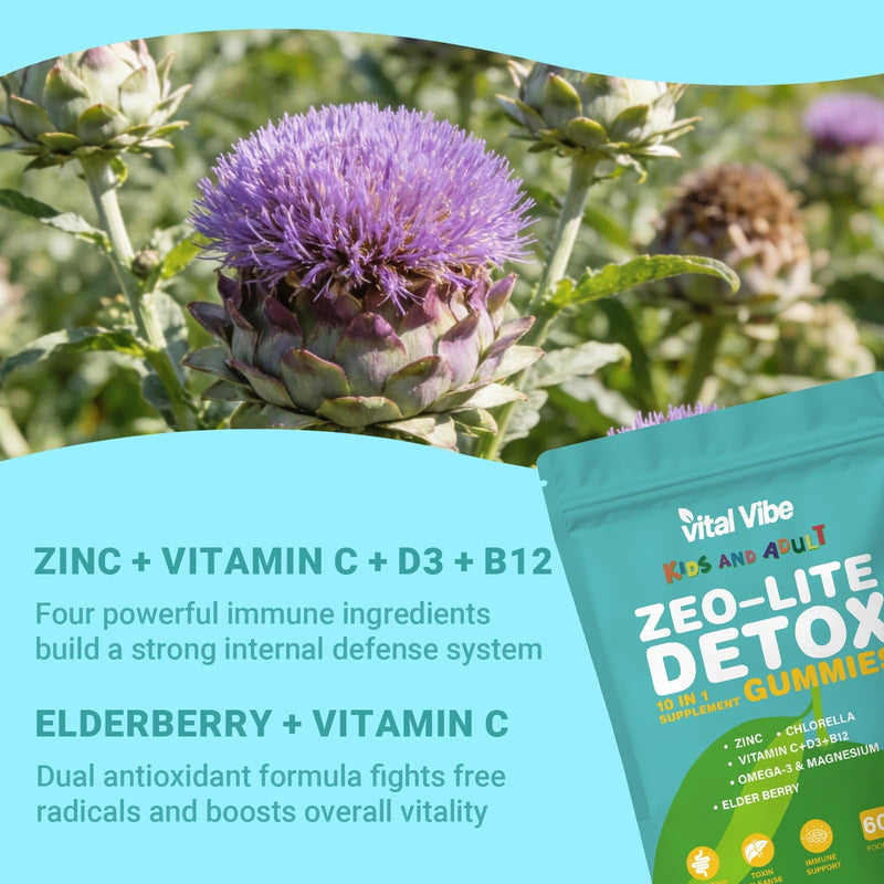 Zeolite Detox Gummies for Kids & Adult | 10-in-1 Formulated Probiotics Kids Probiotic Supplement | Vitamin D and B12 | for Immune Support & Gut Health | 60 Vegan Gummies, 2 Month Supply