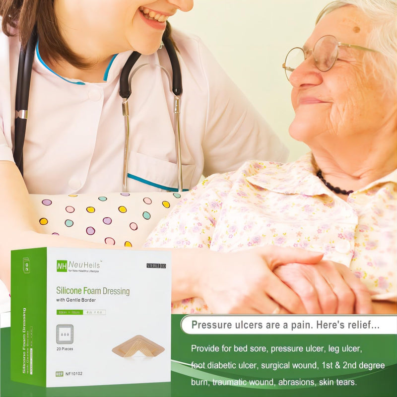 [Australia] - NeuHeils Silicone Foam Dressing with Gentle Border 4''x4'', 20 Pack for Bed Sore Leg Ulcer, High Absorbency Large Waterproof Silicone Wound Bandage 4''x4'' (20 Packs) 