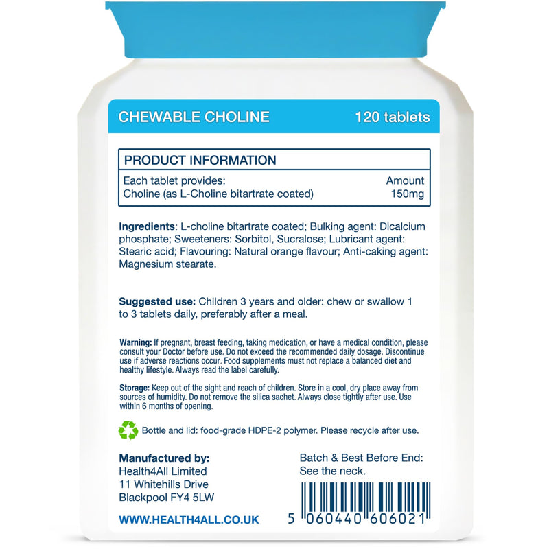Health4All Kids Choline 150mg 120 Chewable Tablets for Children 3+, Supports Memory, Learning and Mood, Natural Vegan Orange Flavour, Sugar-Free | Made in UK (Not Gummies) 120 count (Pack of 1)