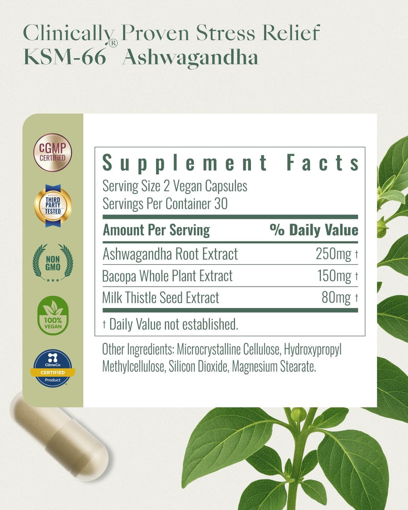 [Australia] - Ashwagandha Supplements for Women & Men - KSM-66¬Æ with Bacopa & Milk Thistle, 60 Vegan Capsules - Stress Relief, Mood, Cortisol Support, Extra Strength Ashwagandha Capsules 1 