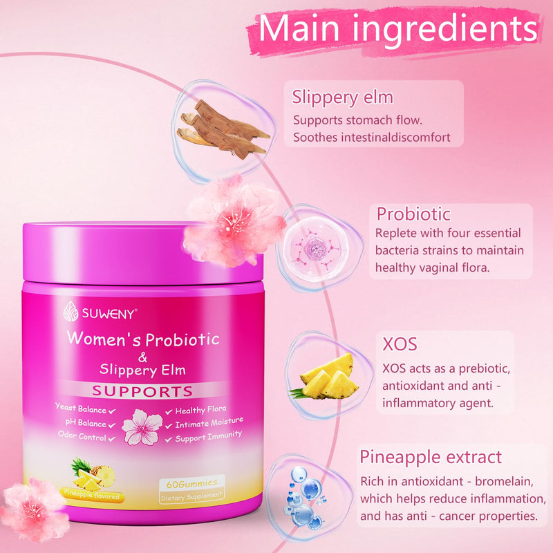 Feminine Probiotics Gummies for Women, Vaginal Probiotics for pH Balance, Odor, Yeast & Flora Balance, Gut Health & Immune Support with Slippery Elm, Prebiotics & Lactobacillus, Pineapple, 60 Gummies