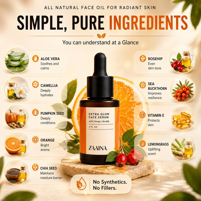 Extra Glow Face Oil Serum for Glowing Skin – Hydrating Ayurvedic Facial Oil with Rosehip & Vitamin E – Lightweight Makeup Primer for Dry, Dull & Sensitive Skin - 1 oz