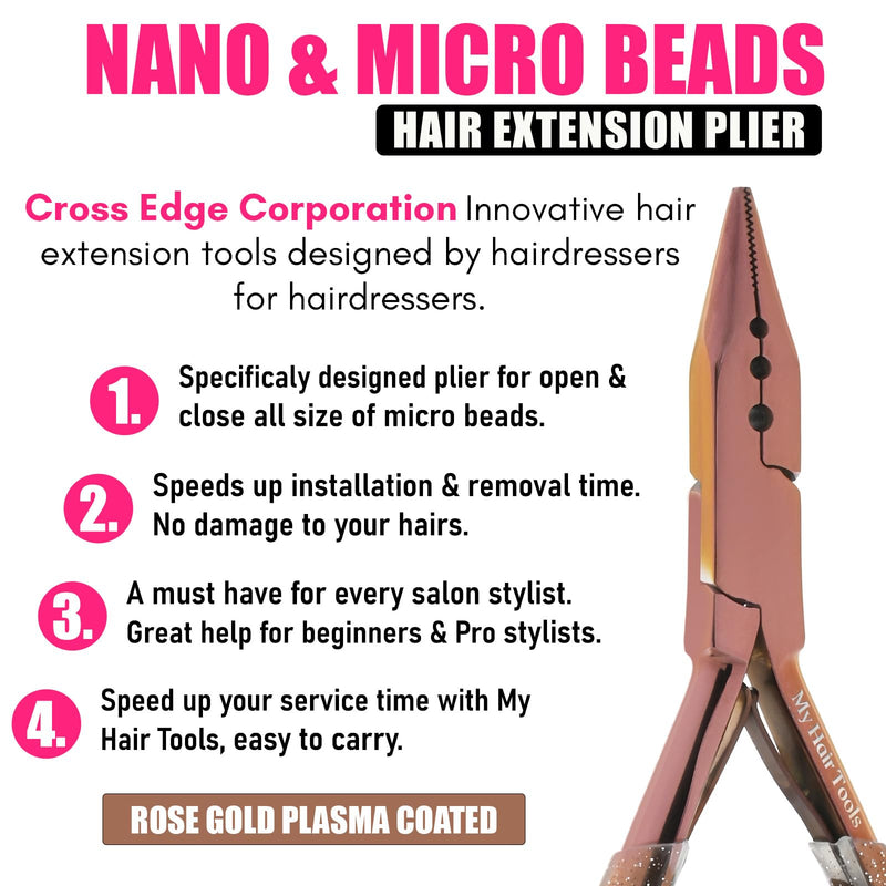 Pro Hair Extension Tools Mini 3 Holes Silicone Micro Beads & Nano Rings Hair Extensions Opener & Remover Pliers Hair Tinsel Feathers Fitting Plier Micro Bead Crimping Plier (Rose Gold Titanium Coated) Black,rose Gold