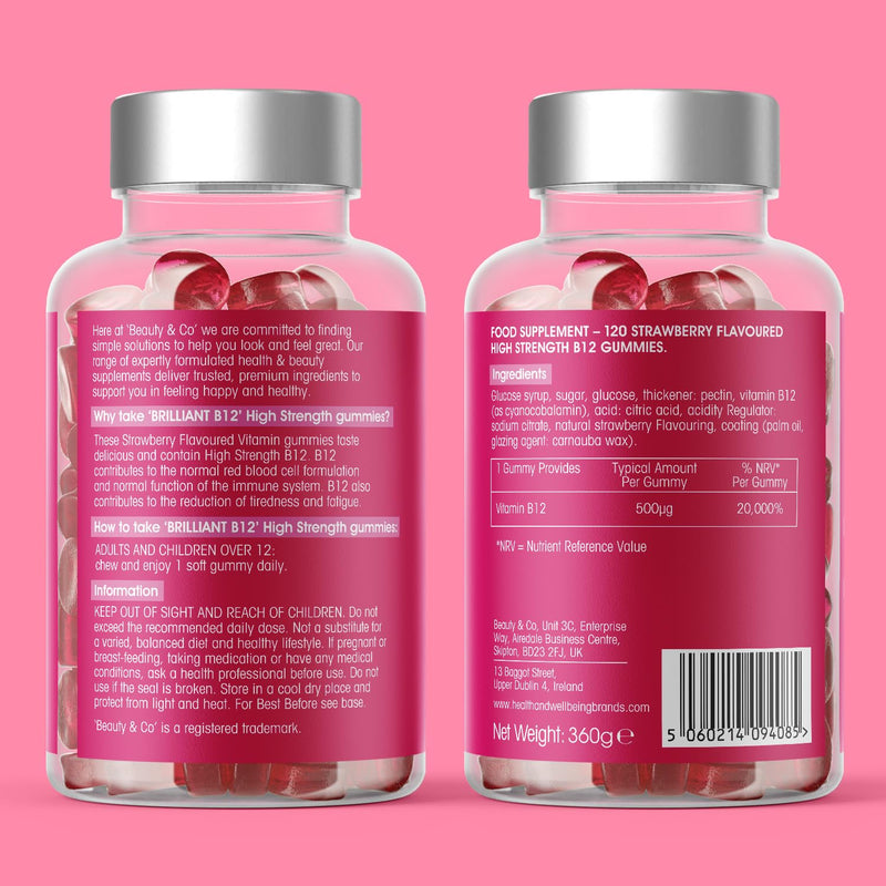 B12 Gummies - Beauty & Co Vegan High Strength Strawberry Flavour Vitamins 120 Gummies (Pack of 1)