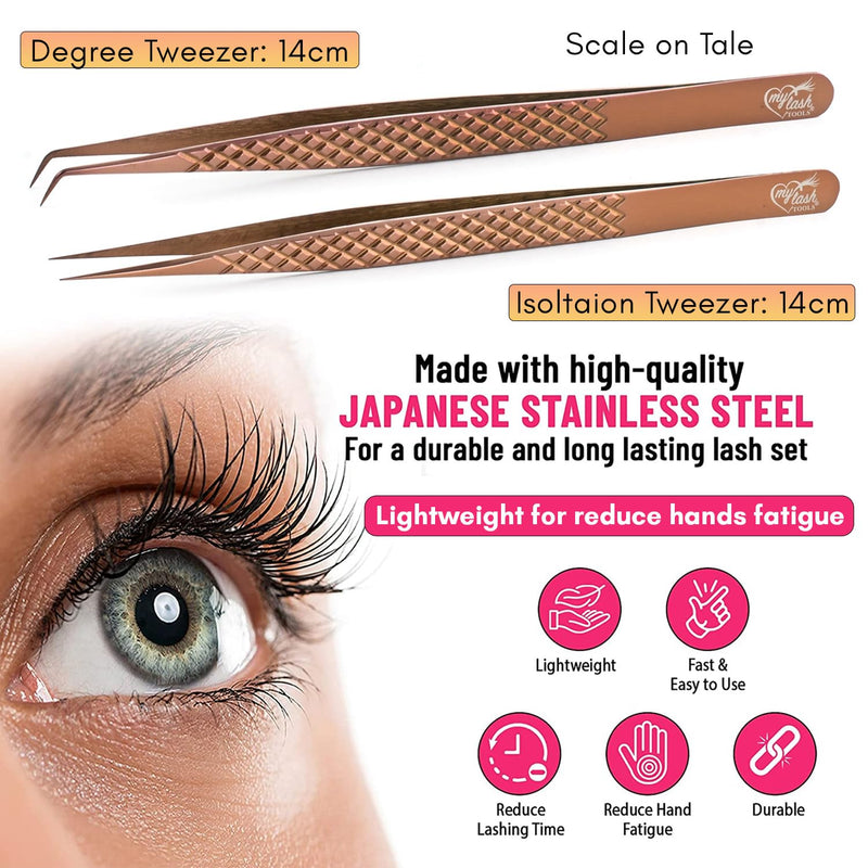 2pcs Curved & Straight Isolation Tweezers for Eyelash Extensions – 14cm Stainless Steel, Copper color Tweezer Set, Best for Classic & Individual Lashes, Professional Pinzas para Pestaña Copper X Tweezers Set