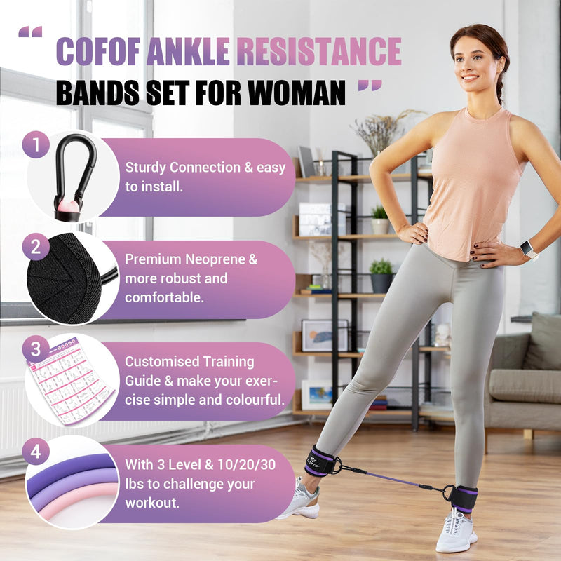 [Australia] - Ankle Resistance Bands with Cuffs, Ankle Bands for Working Out, Ankle Band Cuff for Kickbacks Hip, Leg Glute Exercise Equipment with Training Poster, Resistance Band with Ankle Cuffs for Women Purple 