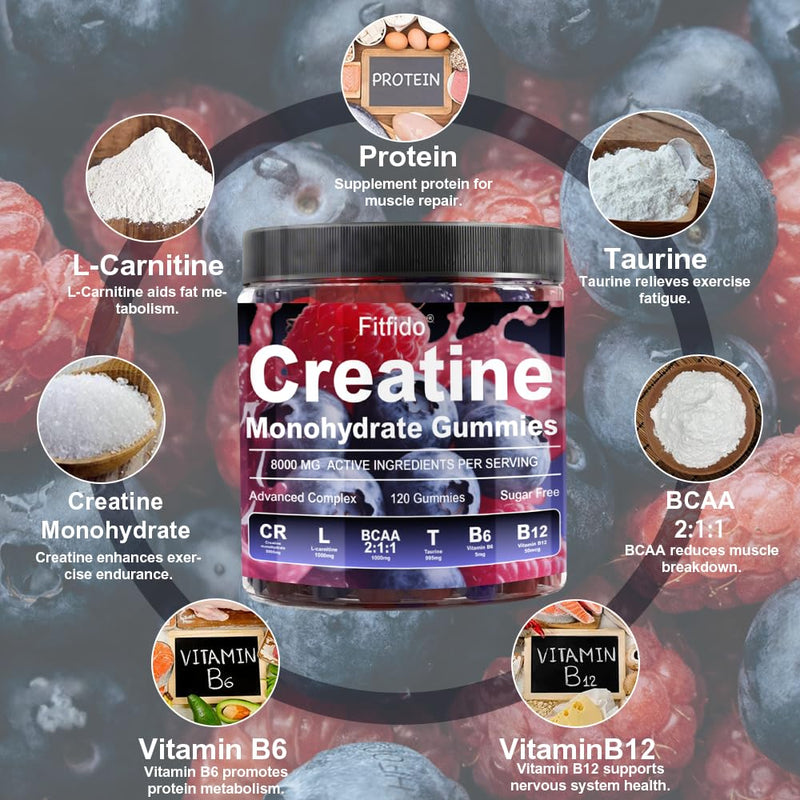 [Australia] - Creatine Monohydrate Gummies Complex 8000mg for Men and Women, Containing L-carnitine & Taurine, Build Muscle, Boost Energy, Faster Recovery, Sugar Free & Vegan, Raspberry & Blackberry, 120 Count 