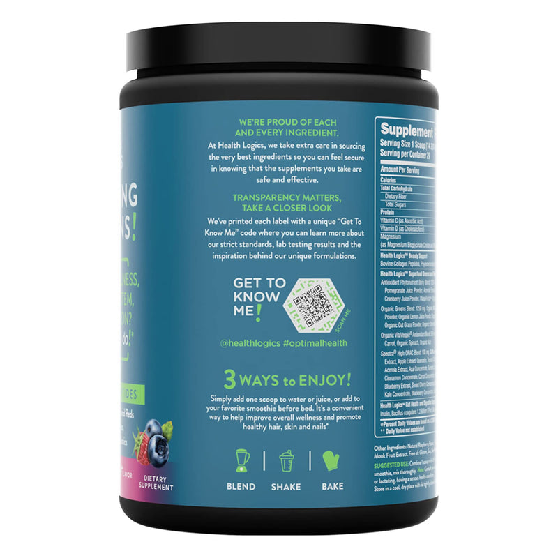 Health Logics Glowing Greens Superfood Powder with Collagen Peptides, Digestive Enzymes, Prebiotics and Probiotics – Antioxidant, Improve Wellness, Immune, Digestive and Gut Health Support