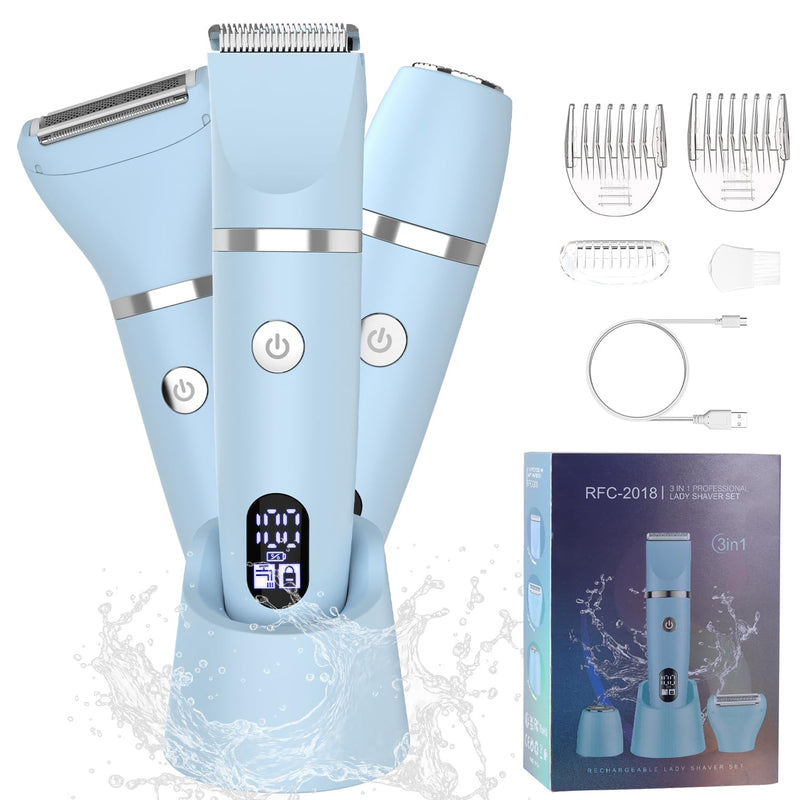 [Australia] - 3-in-1 Electric Razor IPX7 Waterproof Bikini Trimmer Wet & Dry Use Painless Personal Trimmer Groomer for Ladies Face Body Legs Bikini Public Hairs Electric Lady Shaver with Replaceable Heads 