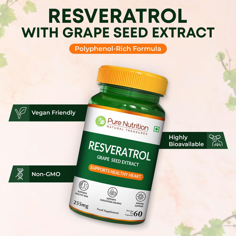 Pure Nutrition Resveratrol 250mg with Grape Seed Extract 5000mcg | 60 Caps | Powerful Antioxidant for a Healthy Heart Function | Non-GMO