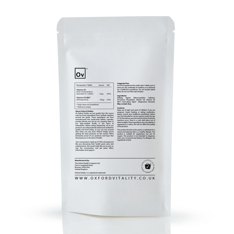Vitamin D3 1000IU & K2 MK-7 100mcg Tablets | Vitamin D3 and Vitamin K2 Supplement | GMO Free | Food Supplement | Oxford Vitality