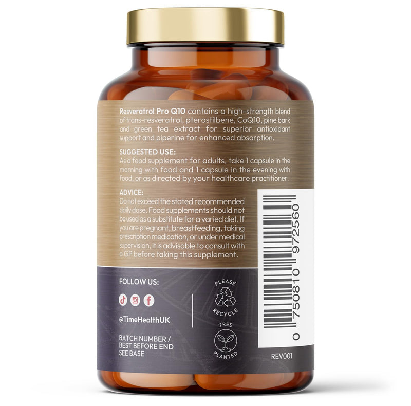 Resveratrol Pro Q10 Anti-Ageing Formula, Trans-Resveratrol, Coenzyme Q10, Pterostilbene, Pine Bark, Green Tea, Grape Skin, Piperine, Split Dose for Maximum Benefits - Pullulan (120 Capsules)