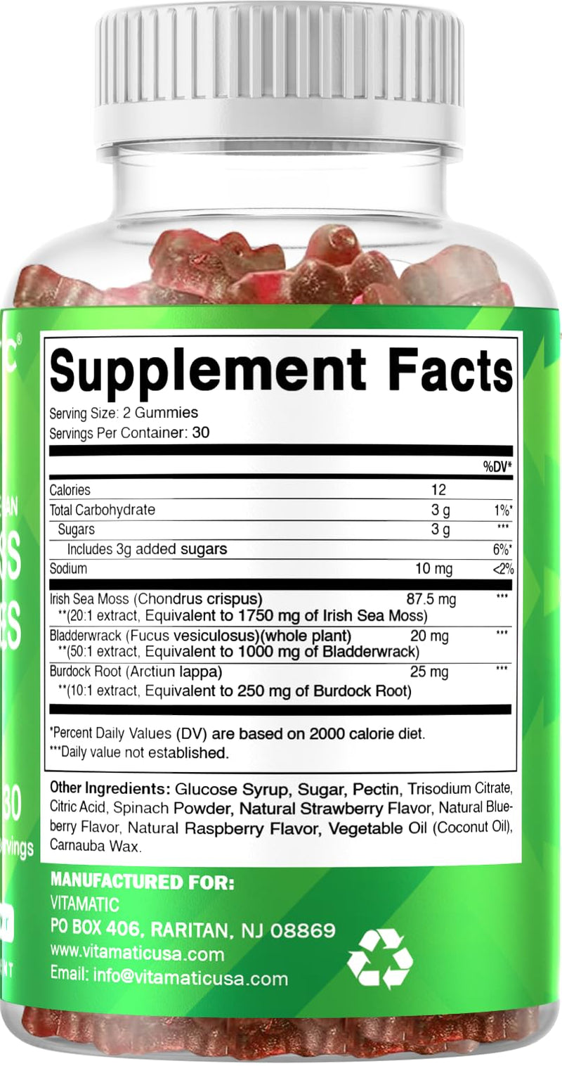 [Australia] - Vitamatic Irish Sea Moss Gummies ‚Äì 3000mg Equivalent Per Serving (from Extract 132.5mg) ‚Äì 60 Ct Made with Bladderwrack & Burdock Root ‚Äì Seamoss Supplement for Thyroid, Energy & Immune Support 