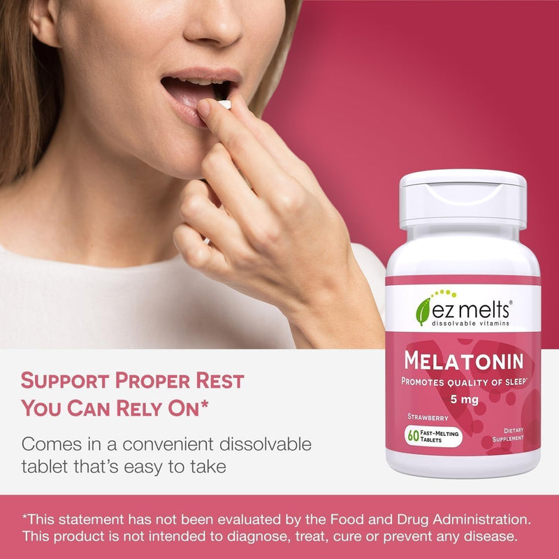 EZ Melts Dissolvable Melatonin 5 mg, 120 Tablets (120 Servings), Strawberry | Sleep Support Supplement, No Artificial Flavors, Non-GMO & Sugar-Free 60 Count (Pack of 2)