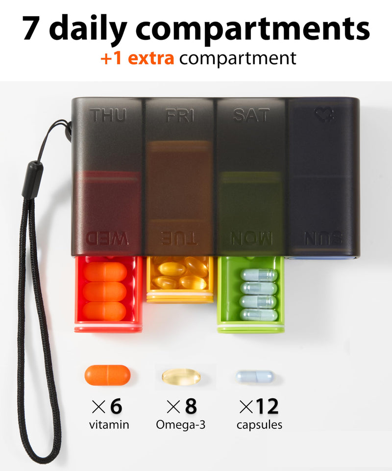 Travel Pill Organizer – Weekly Case for Once-Daily Use, Compact Pill Box 7 Day for Purse, Smooth Slide-Out Access, 8 Compartments for Daily Vitamins and Supplements, Easy to Use at Home or On the Go