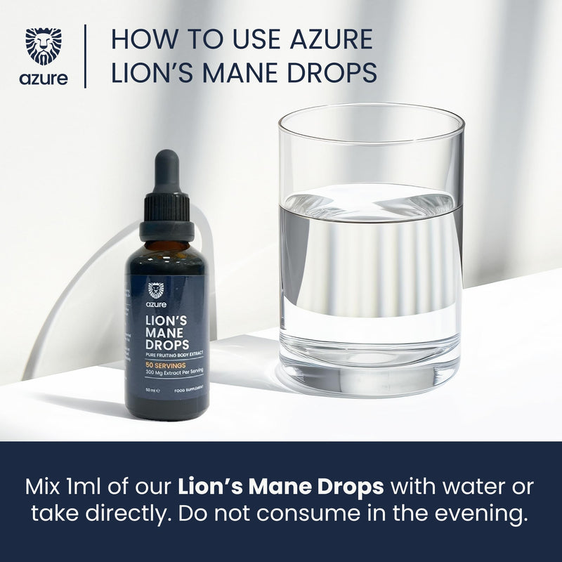 Azure Lion's Mane Drops 10:1 – High-Strength Fruiting Body Extract, Up to 600mg per Day – Alcohol-Free Liquid Supplement for Focus, Memory & Clarity – Vegan Natural Brain Support - 50 ml / 50 Servings