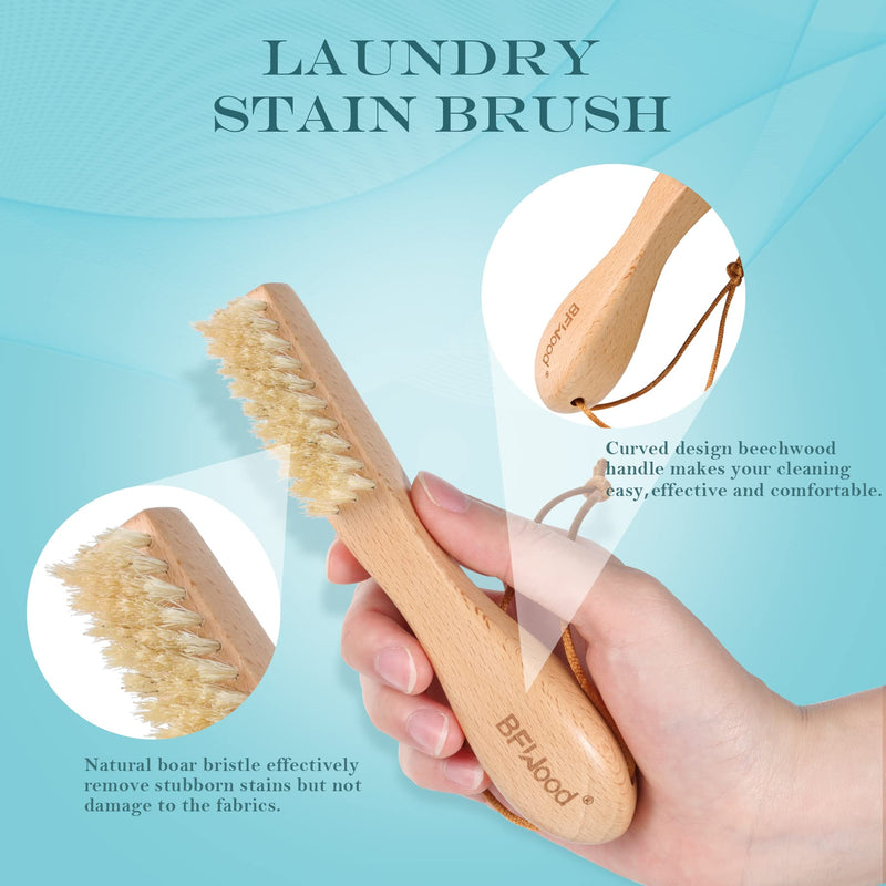 [Australia] - BFWood Laundry Stain Brush, Natural Soft Boar Bristle for Scrubbing Out Tough Stains on Delicate Fabrics, Knits, Cotton, Linens, No Damage Regular 