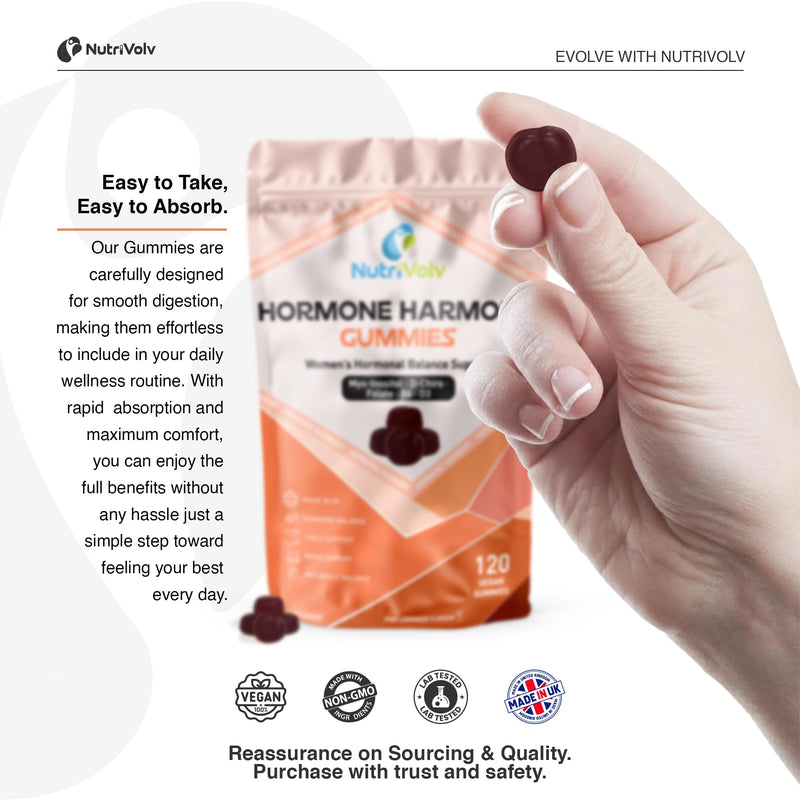 Hormone Harmony Gummies | 120 Vegan Gummies | Myo & D-Chiro Inositol 2100mg, D3, 5-MTHF Folate, P-5-P B6 & Chromium | Mood, Cycle & Hormonal Support for Women | Pink Lemonade | UK Made | by NutriVolv