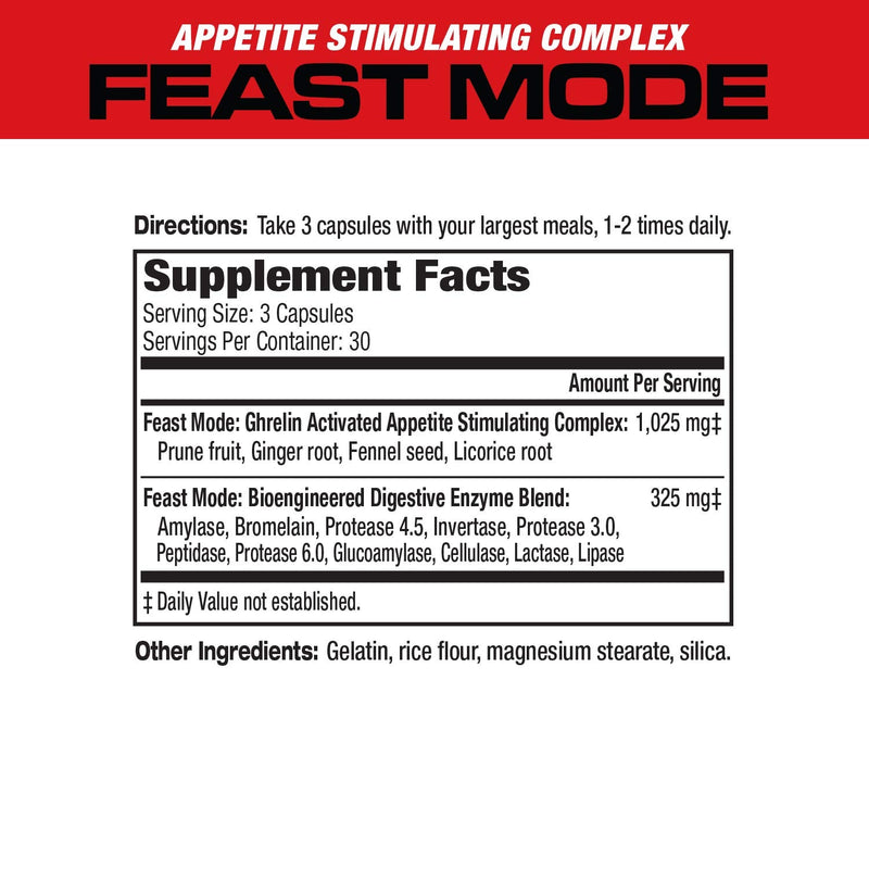 [Australia] - MuscleMeds Feast Mode Appetite Stimulant Weight Gain Pills Digestive Enzymes Safe and Effective 90 Caps, Unflavored, 90 Count 