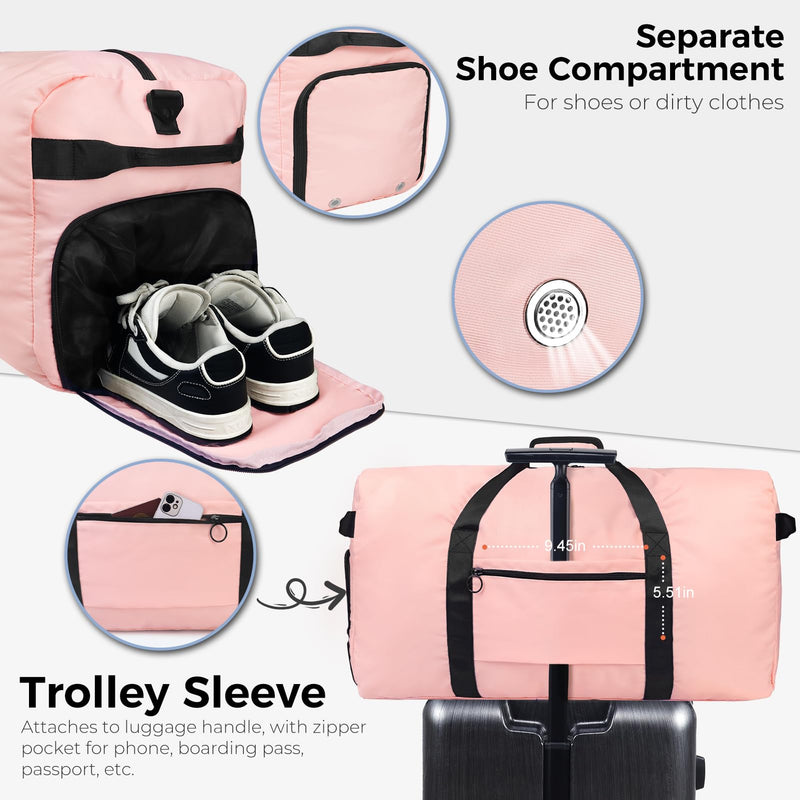 65L Duffle Bag Foldable Travel Duffel Bags for Men Women Travel Bag | Shoes Compartment, 65L Large Capacity, Foldable, Packable, Water Repellent, Tear Resistant, for Traveling Gym Overnight Camp Glossy Light Pink