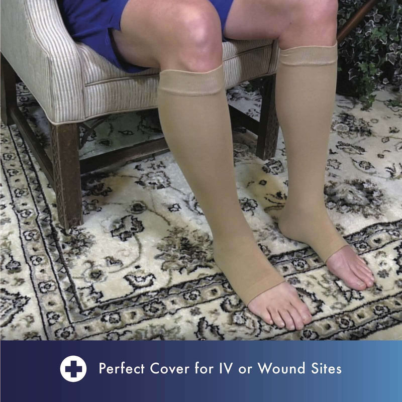 Leg Skin Protector Sleeves for Men & Women Protect Sensitive Leg Skin from Bruising, Tears, Abrasions & Sun Exposure Toeless Sock Protector for Thin Leg Skin | 2 Pair Small/Medium (2 Pair) Beige - 2 Pair