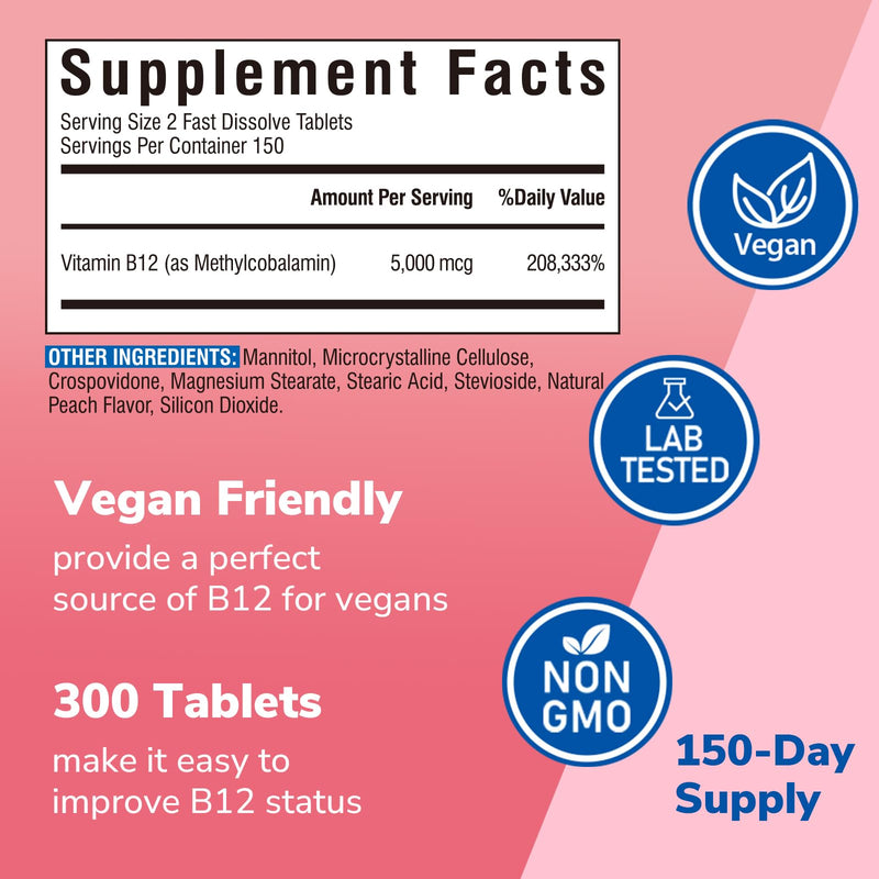 Vitalibre Vitamin B12 5000 mcg, Sublingual Methylcobalamin | Natural Peach Flavor, Nervous System Health, Energy Support, No Sugar, 300 Fast Dissolve Tablets 300 Count (Pack of 1)