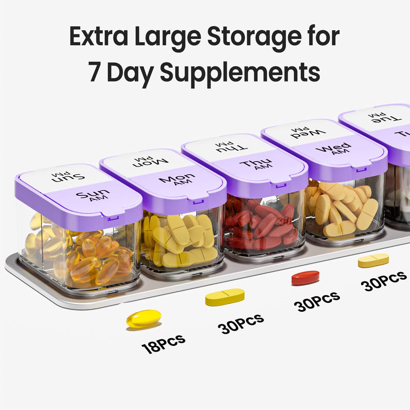 Daviky Large Pill Organizer 7 Day, Weekly XL Pill Box 2 Times a Day, Extra Big Medicine Case AM PM for Vitamins, Supplements and Medication Purple 1 Count (Pack of 1)