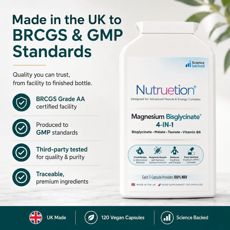 Magnesium Bisglycinate Complex 4-in-1 Supplement with Magnesium Malate, Taurate & Vitamin B6 | Muscle Function, Energy & Nervous System Support | 120 Vegan Capsules | UK Made