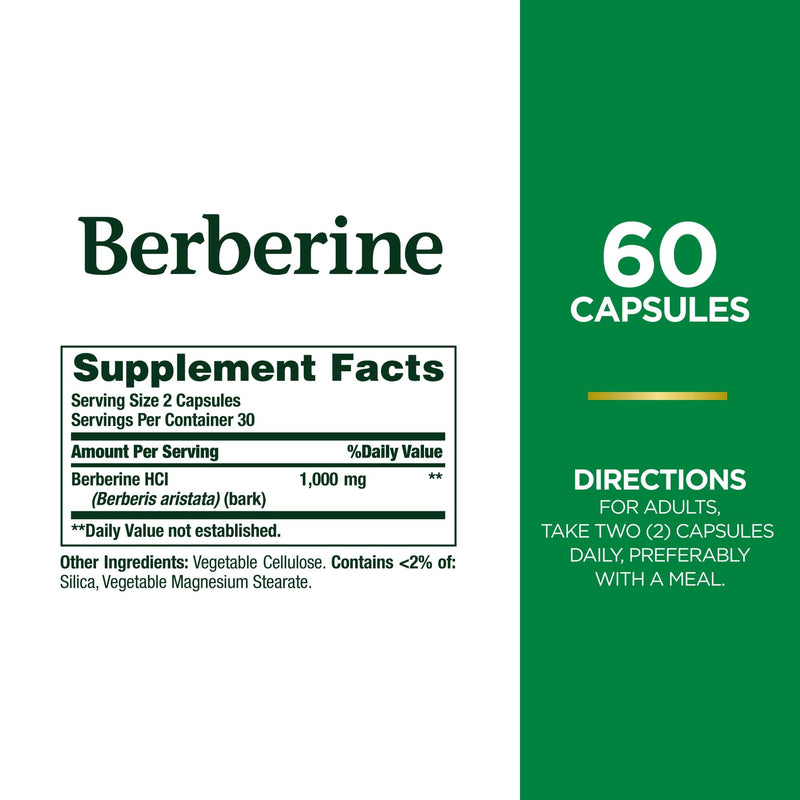 [Australia] - Nature's Bounty 1000mg Berberine Herbal Health Capsules Support Heart and Cardiovascular Health, Help Maintain Healthy Cholesterol, Triglyceride, and Blood Sugar Levels, 60 Capsules Unflavored 60 Count (Pack of 1) 