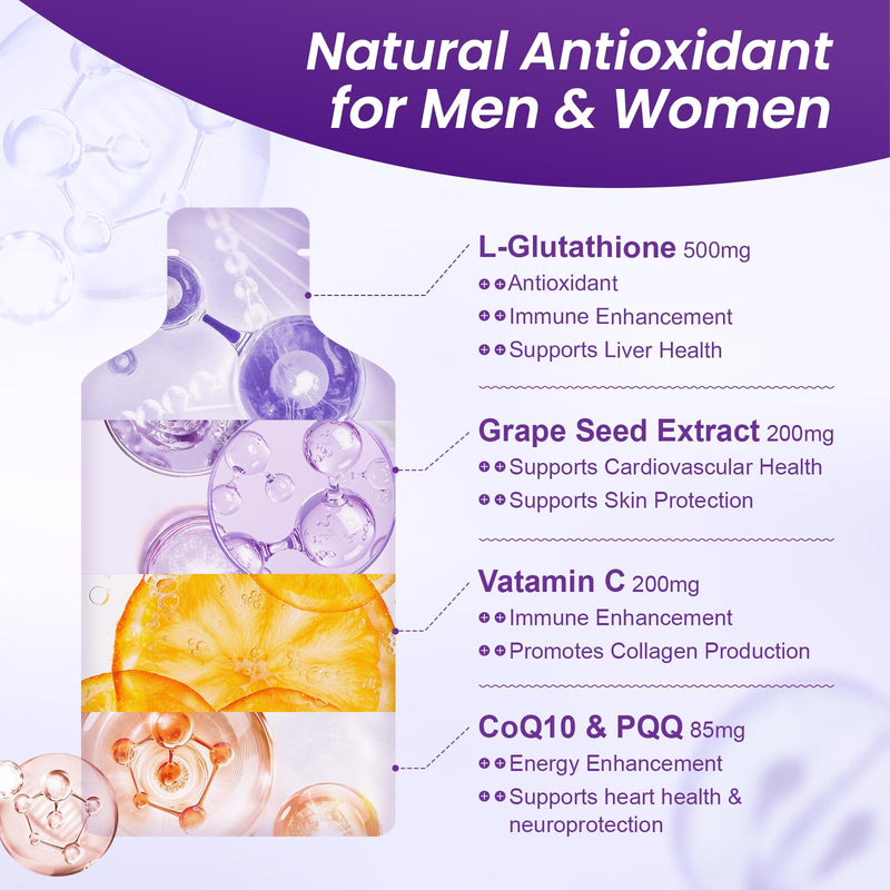 Liposomal Glutathione Liquid Supplement 500 mg, 30 Pouches, 15.2 fl oz | L Glutathione with PQQ, CoQ10 & Vitamin C – High Absorption Antioxidant for Immune & Energy Support – Grape Flavor 0.51 Fl Oz (Pack of 30)