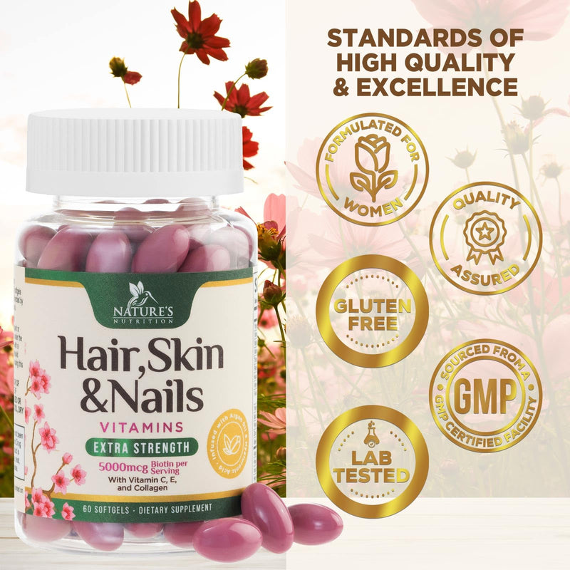 Hair Skin and Nails Vitamins for Hair Growth - Biotin 5000mcg Per Serving - Extra Strength Collagen, Argan Oil & Hyaluronic Acid - Best Beauty Supplement for Women & Men - USA Bottled - 60 Softgels 60 Count (Pack of 1)