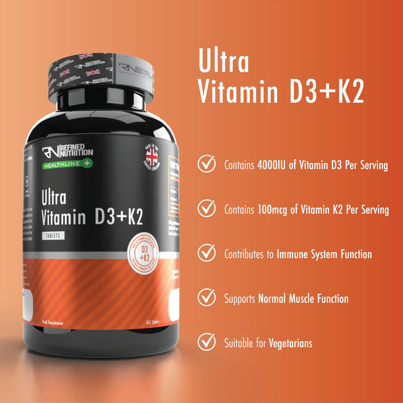 Refined Nutrition Vitamin D3 and K2 4000 IU - 365 Micro Tablets (1 Year Supply) - High Strength VIT D3 with K2 MK7 100ug - Supports Immune & Bone Health - Vegetarian & Halal - Made in UK