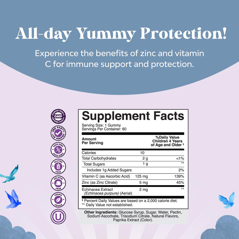 Kids Immunity Support Gummies - Delicious Vitamin C with Zinc and Echinacea Immune Booster Gummies for Kids - Vegan Gluten Free and Gelatin Free Chewable Gummy Vitamin Supplement for Children