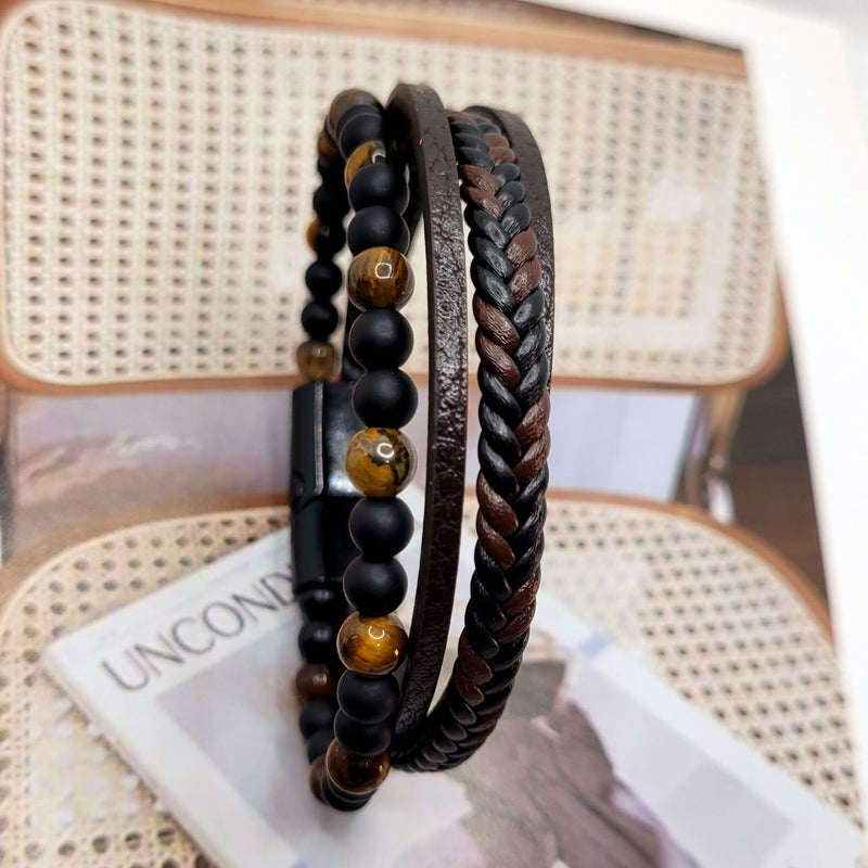 [Australia] - Natural Agate Stone Leather Beaded Bracelets, Volcanicx Wellness & Relief Bracelet, Volcanicx Menopause Magtherapy Bracelet Humanic+ Maxhematie Lymph Detox Slimming Jewelry Gift For Men Women Black&Brown 