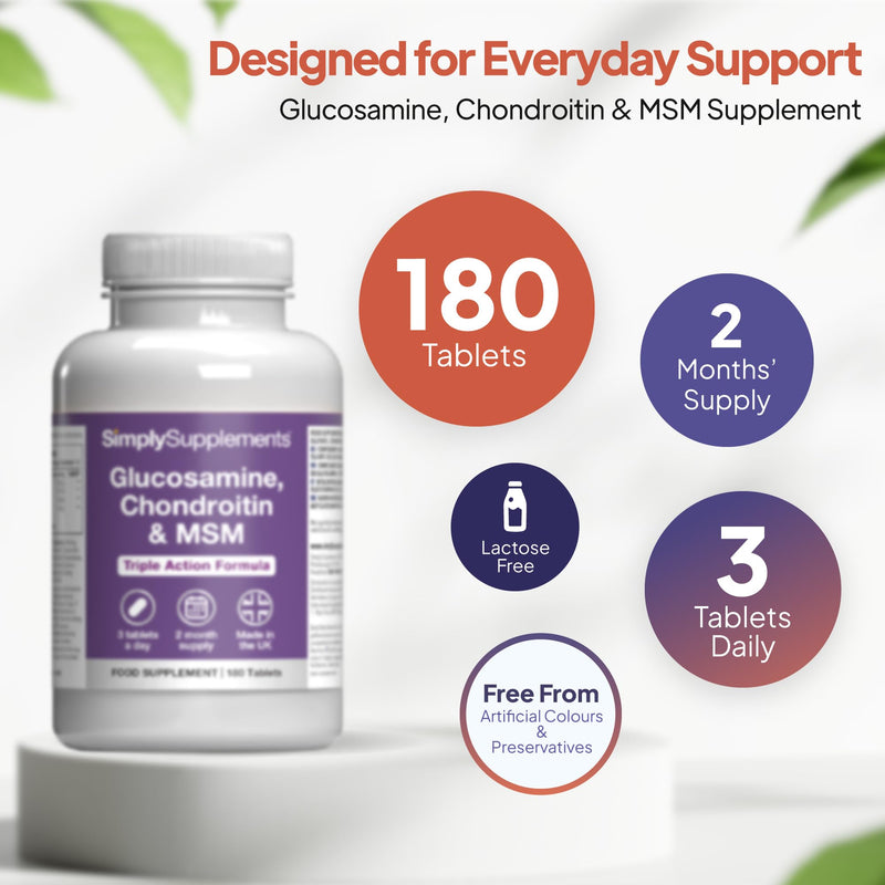 Glucosamine, Chondroitin & MSM Tablets | Supports an Active Lifestyle | 90% Active Chondroitin | 180 Tablets = 2 Months’ Supply | Manufactured in The UK in Accordance with GMP Standards Unflavoured 180 count (Pack of 1)