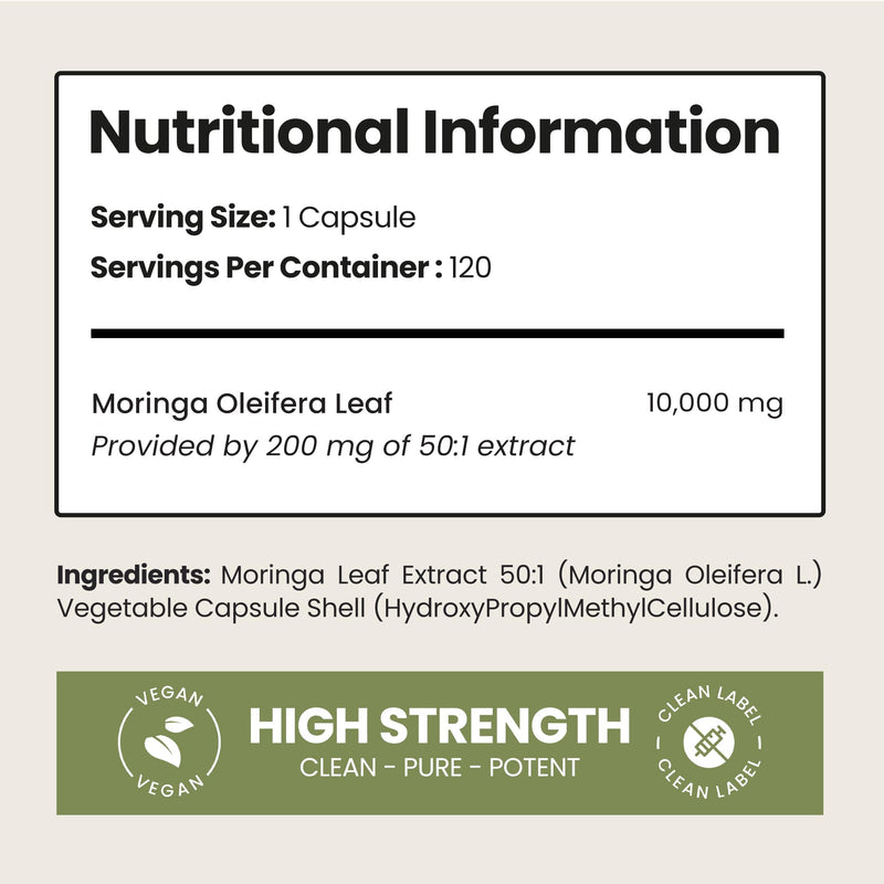 Pure Moringa Capsules | High Strength 10,000mg | 4 Months - 1 Per Day | No Additives | Vegan Superfood Powder Capsules | Pure Moringa Leaf Extract | VitaBright - Made in UK