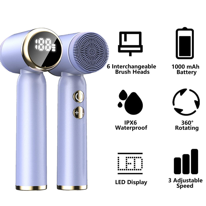 [Australia] - Facial Cleansing Brush, 6 in 1 Electric Face Scrubber with 6 Brush Heads and 3 Spin Speeds for Deep Cleansing, Waterproof Rechargeable Face Brushes for Dry Oily Sensitive Skin (Purple) 