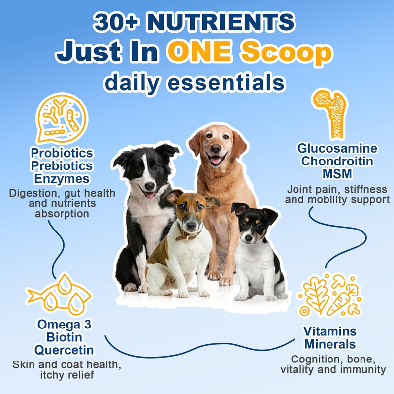 Dog Vitamins, Dog Multivitamin Powder, with Probiotics, Glucosamine, Omega 3, Support Gut, Joint & Mobility, Itch Skin & Coat, Minerals & Antioxidant for Immune Health, Daily Essential Dog Supplements 90 Scoops - PawsPlanet Australia