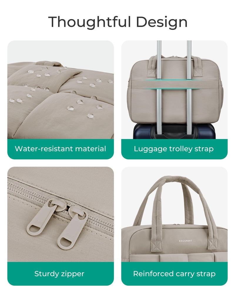 BAGSMART Gym Bag for Women, Personal Item Puffer Duffle Bag, Weekender Overnight Carry On Tote Handag for Travel Camel