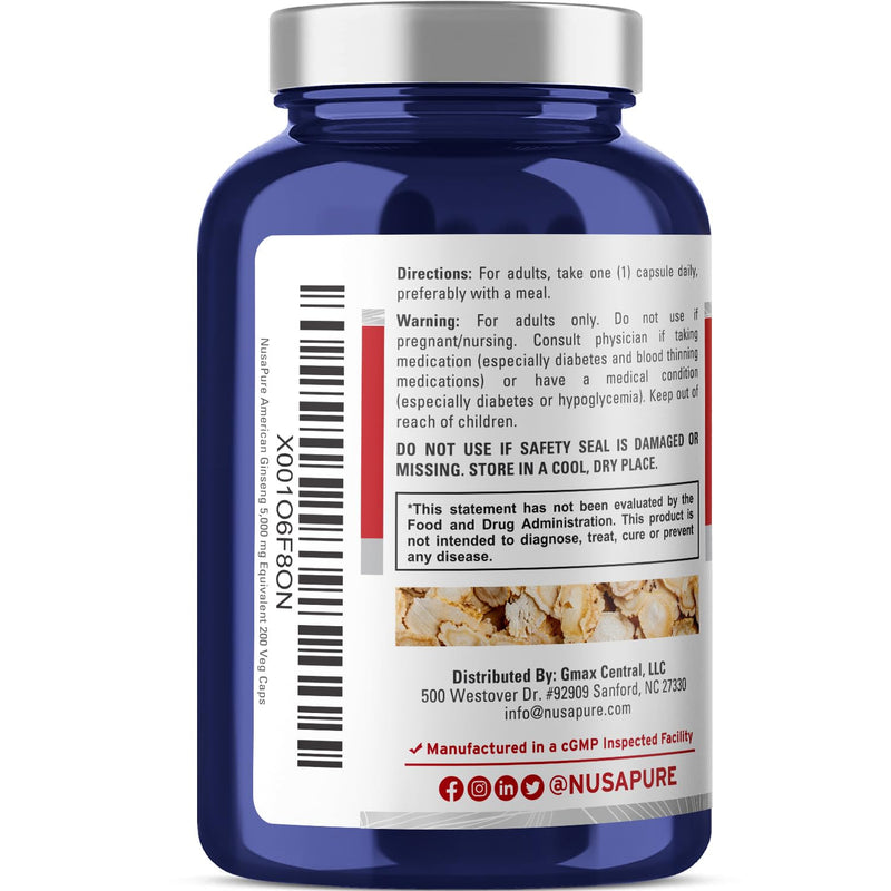 [Australia] - NusaPure American Ginseng 5000 mg - 200 Veggie Capsules (Vegetarian, Non-GMO, Vegan) 