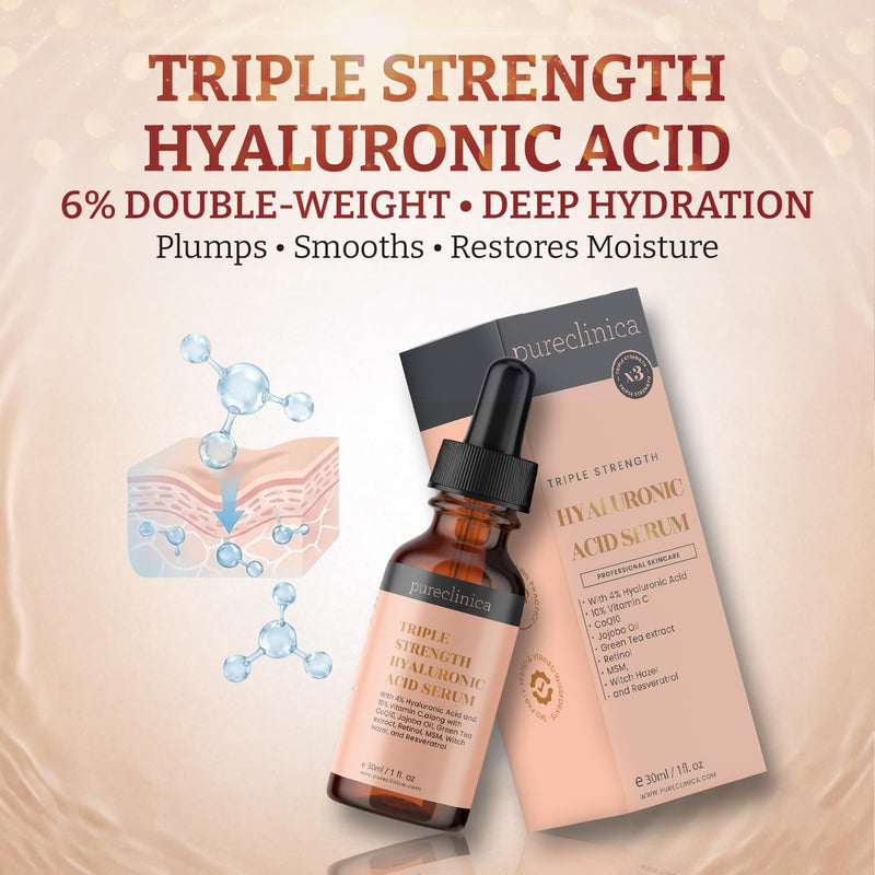 Triple Strength Hyaluronic Acid Serum – 6% Strength Double Weight, Easy Absorb Hyaluronic Acid with Added Vitamins C & E, Resveratrol and CoQ10– 30ml / 1 fl oz (2 Bottles) 1 Fl Oz (Pack of 2)