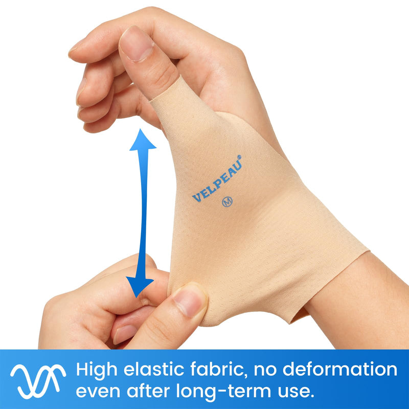 VELPEAU Elastic Thumb Wrist Support Brace (Pack of 2), Splashproof Compression Sleeve for Arthritis Pain, Tendonitis, Sprains, Sports, Splint Liner, Fits Left & Right Hands (Long Version - Khaki, Small) Long Version - Khaki