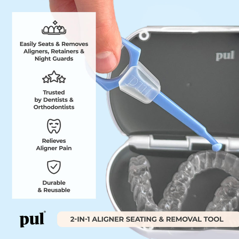 PUL Aligner Care Convenience Kit – Case + 2-in-1 Tool for Invisalign, Retainers, Partial Dentures, Mouth & Night Guards & More – Purple Case & 2-Pack of Purple Aligner Seating Chewie & Removal Tool Purple - Combo