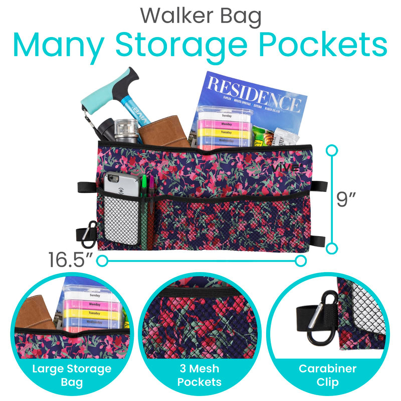 [Australia] - Vive Walker Bag - Accessories Wheelchair Basket Pouch (Water Resistant) - Seniors Caddy Accessory Attachment for Folding, Rolling Walkers - Carry Storage Carrier Tote - Lightweight, Universal Size Pink Floral 