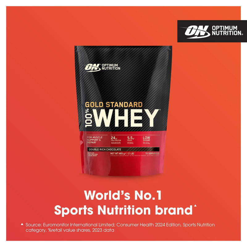 Optimum Nutrition 100% Gold Standard Whey Protein Powder, 24g Protein, Double Rich Chocolate, BCAA, low-sugar, Fast-Digesting Isolate for Muscle Gain & Recovery, 465 g, 15 Servings