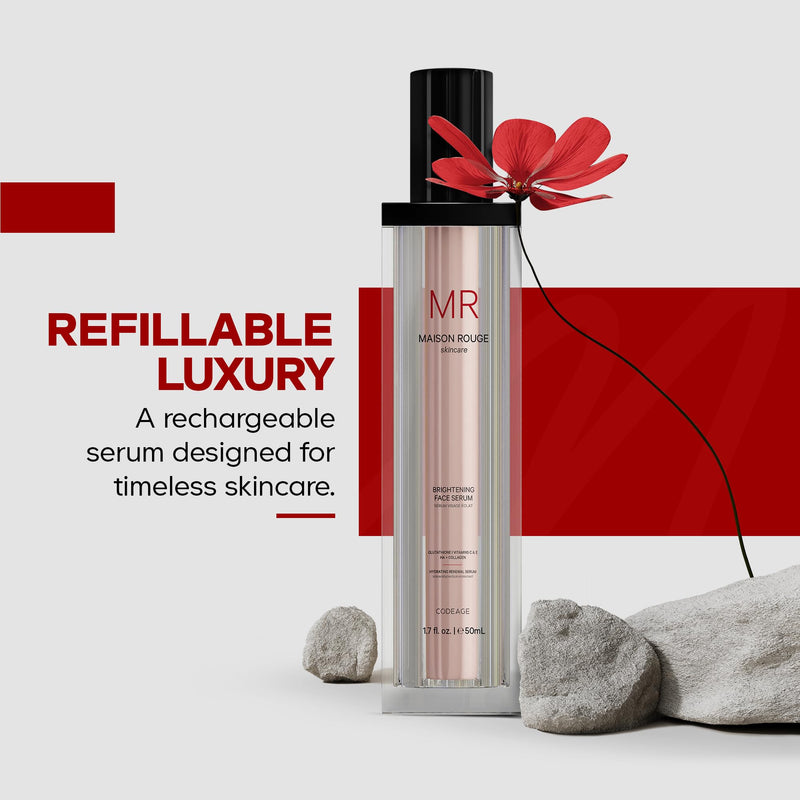 Maison Rouge Brightening Face Serum by Codeage - Glutathione Serum, Vitamin C, E, Hyaluronic Acid, Collagen - Radiance Enhancing - Parabens and Sulfates-Free - Refillable - All Skin Types - 1.7 fl oz Face Serum - 1.7 fl oz