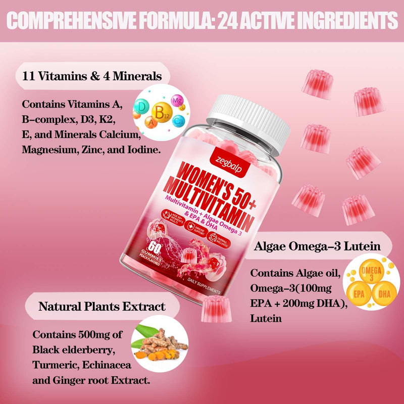Womens Multivitamin 50 Plus Gummies - Methylated Multivitamins Gummy | with Vitamin A C D3 E K2, B Complex, Calcium, Magnesium, Zinc, Folate, Biotin - Multi Vitamins & Minerals - Sugar-Free Peach 60 Count (Pack of 1)