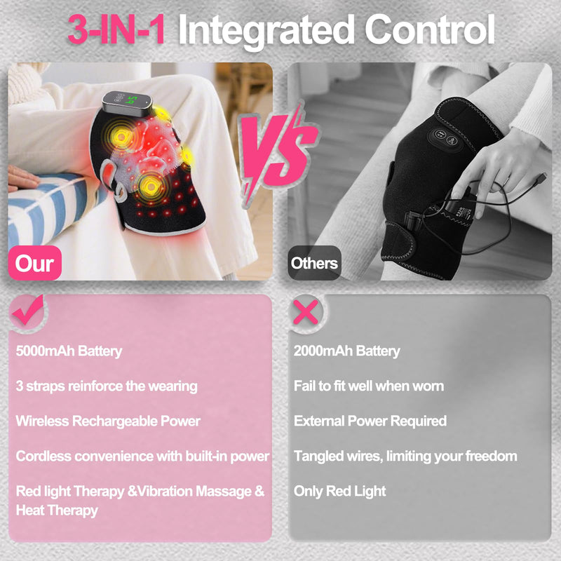 3-in-1 Red Light Therapy Knee Brace with 4 Vibration Massage Areas, 5000mAh Rechargeable Heated Knee Massager, 660nm&850nm Infrared Light Therapy Heated Device for Knee Elbow Shoulder Pain Relief