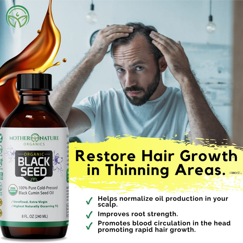 [Australia] - Mother Nature USDA Organic Black Seed Oil, High TQ 2%, Cold Pressed, Unrefined Nigella Sativa, Omega 3 6 9 for Immune, Joint & Heart Support, Hair & Skin, Non-GMO, Glass Bottle (8oz) 8 Fl Oz (Pack of 1) 